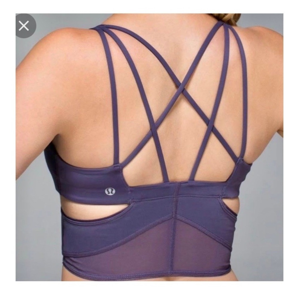 Lululemon Exquisite Strappy Cut-Out Long Bra Nightfall Plum Mesh Size 2 Cut Outs